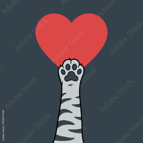 A charming cartoon illustration depicts a stylized white tiger paw reaching up to firmly hold a large vibrant red heart against a deep charcoal background