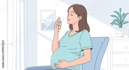 Pregnant woman using nasal spray for allergy relief in cozy indoor setting, healthcare concept