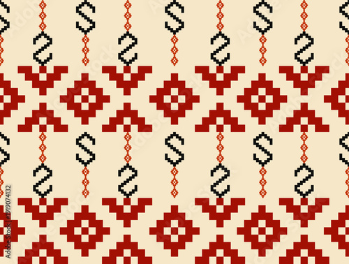 Mixed Tribal Ornament Pattern,Ethnic seamless pattern with red tribal motifs for wrapping paper, fabric, and boho-style decor.