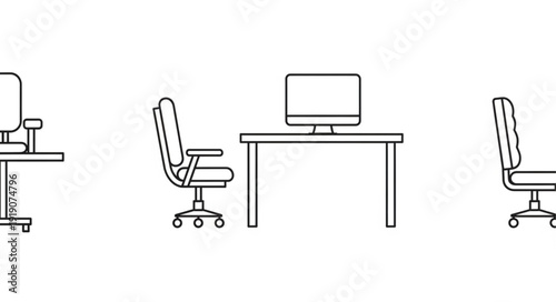 Office desk and chairs illustration simple line art.