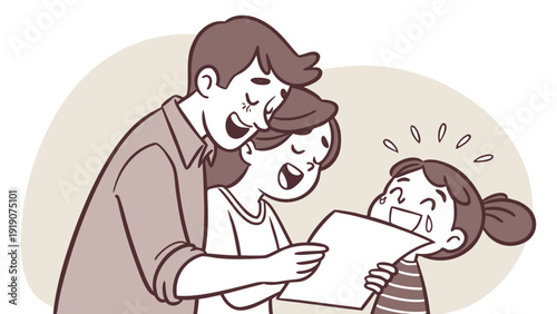 Couple adopting a child, document in hand, tears of joy.