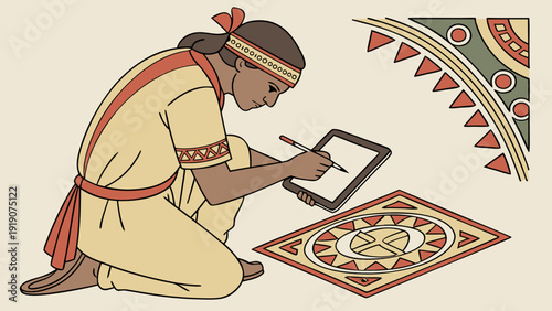 Indigenous artisan demonstrating traditional patterns on a tablet, a blend of ancestral and digital techniques.
