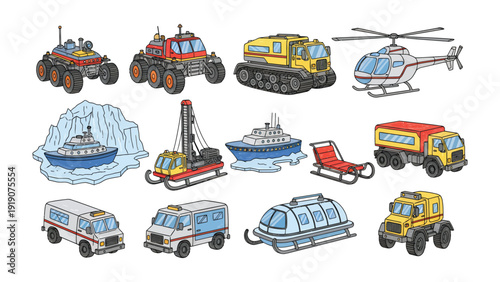 Polar Expedition Fleet: A comprehensive collection of meticulously illustrated transport vehicles and equipment designed for polar exploration, from rugged terrain rovers to agile helicopters.