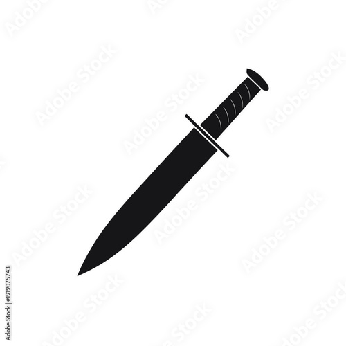 A traditional double-edged dagger with a black handle and sheath