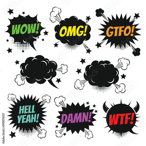 Colorful comic book style speech bubbles with different exclamations and expressions.