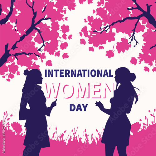 International Womens Day Silhouette of Women in Feminine Pink and Purple Gradient with Cherry Blossoms for Social Media Campaign