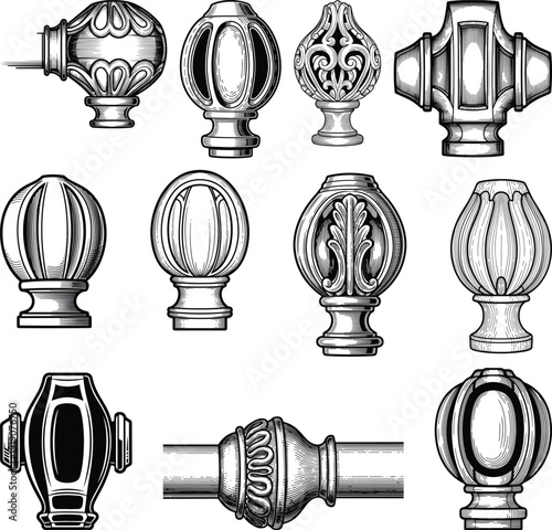Decorative Curtain Rod Finial Set in Vintage Engraved Style