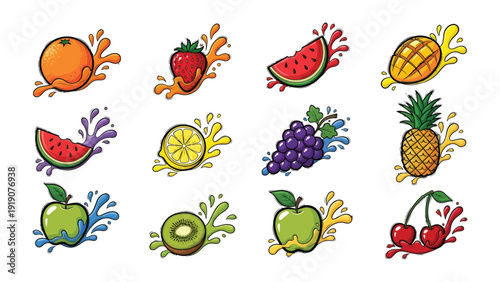 Vibrant Fruit Splash: A captivating collection of fresh fruits bursts forth with colorful splashes, creating a visual celebration of nature's bounty.