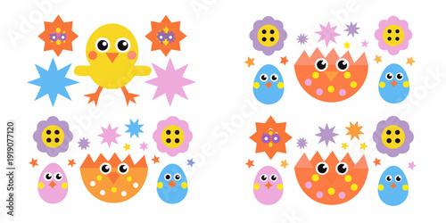 Cute cartoon chicks owls and eggs with sparkling star decorations