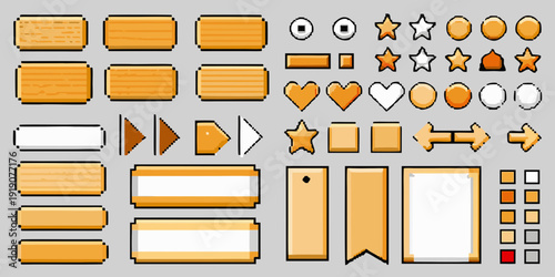 Collection of pixel art user interface elements and decorative icons
