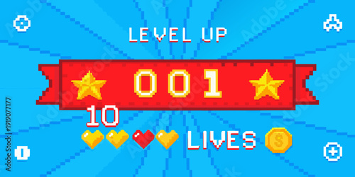 Pixelated video game level up screen displaying score lives and coins