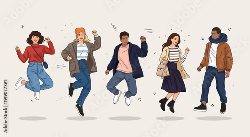 Happy Youth Jumping in Casual Style – Fun Lifestyle Illustration