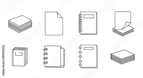Paper and Notebook Icons – Minimal Line Art Set for Office, School, and Organization