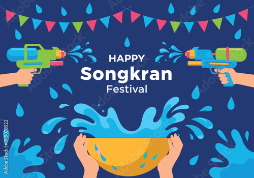 Happy songkran festival greeting card design featuring vibrant water splashing elements two toy water guns and colorful traditional bowls celebrating the thai new year holiday.
