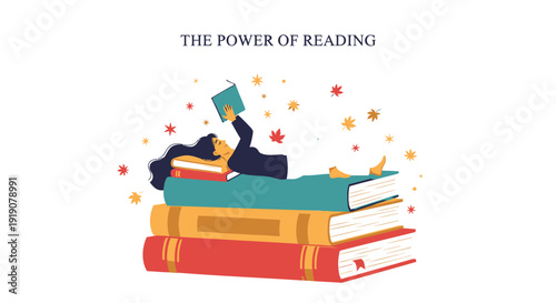 Literacy icon with person reading on stack of books, THE POWER OF READING, surrounded by stars. Created in colorful flat style with vibrant palette.