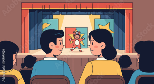 Parents watch child perform on stage in colorful theater performance