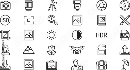 Professional Photography Line Icon Set with Camera Lens Tripod Flash ISO HDR RAW Editing Tools Upload Download Gallery Studio Elements Minimal Outline Vector Icons for UI UX Design and Web Apps