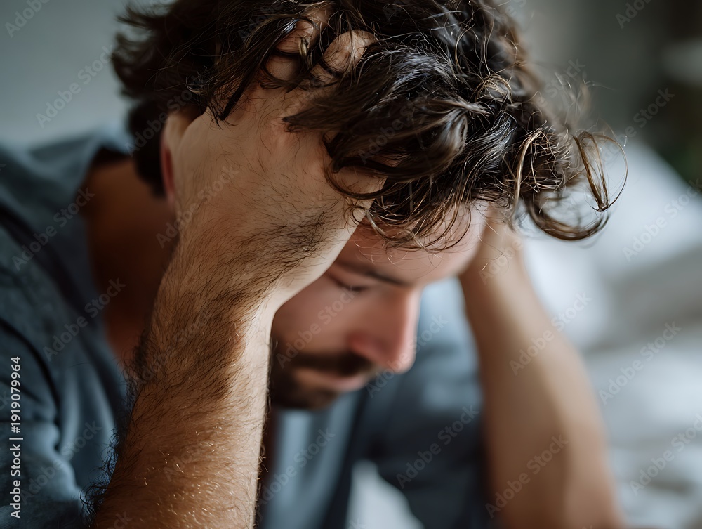 Fototapeta premium Young adult man sitting indoors holding his head in emotional distress. Concept of male infertility stress, hormone imbalance concerns, and psychological impact of fertility problems