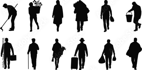 People silhouette collection, workers and travelers walking with tools luggage and bags, black human vector set isolated background