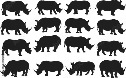 Rhinoceros silhouettes, wild animal shapes, African wildlife, horned mammal, safari design, nature illustration, endangered species, powerful posture, fauna art, diversity