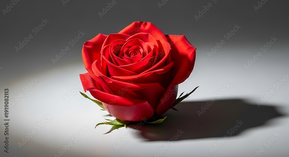 Fototapeta premium Vibrant red rose bloom with dew drops on soft gray background