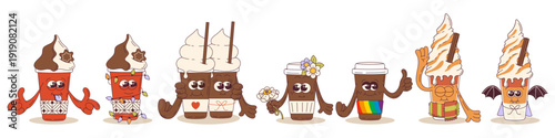 Coffee To Go Seasonal Holidays Vector Set – Cute Groovy Takeaway Cups Characters Isolated on White Background