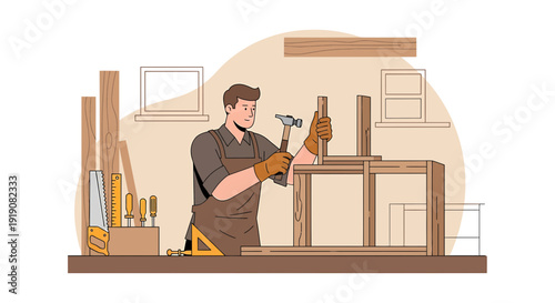 Carpenter Assembling Wooden Furniture with Hammer in Workshop