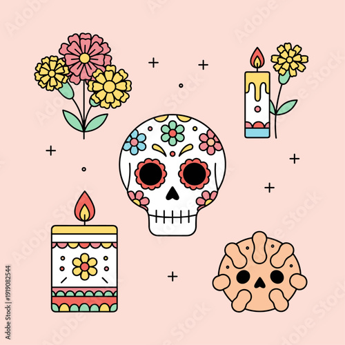 Modern Flat Vector Dia de los Muertos Icon Set