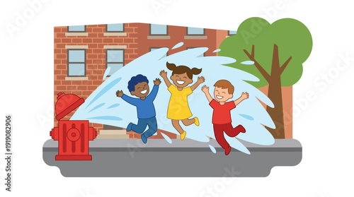 Joyful Kids Group Splashing in Fire Hydrant Water on City Street, depicting Summer Fun, Childhood, and Urban Play, in a Vibrant Flat Cartoon Style, Vector Illustration.