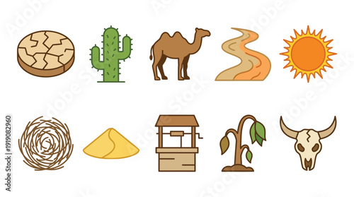 Desert Drought Icons Set with Camel, cactus, sun, skull, well, dry plant, cracked earth. Scarcity, Environment & Survival. Flat Line Art, Muted Earth Tones. Isolated Vector.