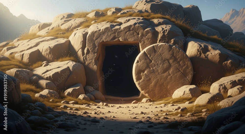 Fototapeta premium Empty tomb of Jesus Christ with the stone rolled away. Biblical scene of the Resurrection on Easter morning. Christian faith and hope concept