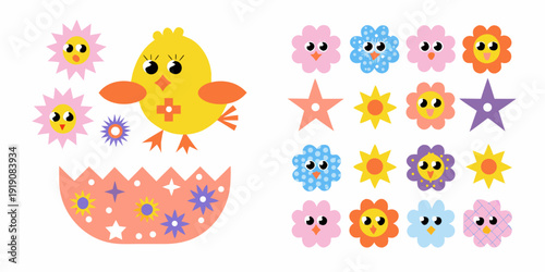 Cute cartoon chicks and flowers emerging from an eggshell design
