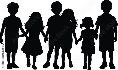 Children holding hands silhouettes, group of kids standing together isolated black vector illustration friendship and unity concept