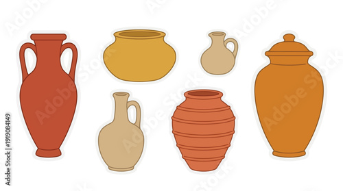 Ancient Pottery Vessels Collection with various handmade earthenware jars and jugs, representing history culture and craft, flat vector illustration in earthy terracotta colors, isolated.
