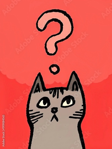 The cat tilts its head and looks curious. The color scheme reflects interest, decision-making, worry, thoughts, imagination, and the background image, image. Cartoon (6)