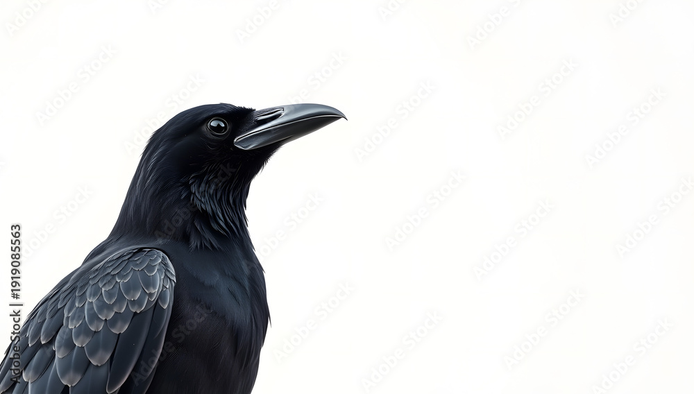 Fototapeta premium A black wild raven and crow portrait with a sharp beak and dark feathers isolated on a white background