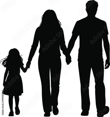 Family silhouette of parents and daughter holding hands isolated on white background, love and togetherness concept vector illustration