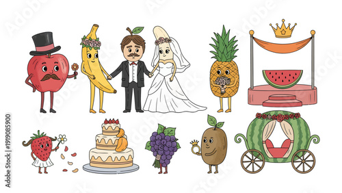Fruity Wedding Celebration: A whimsical and delightful illustration showcasing an enchanting wedding scene where fruits come to life in a joyous celebration. 
