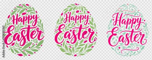 Happy Easter vector lettering collection. Includes three unique calligraphic designs with floral and swirl egg shapes. Created in a hand-drawn style with a pink and green color palette