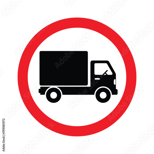 Circular red warning sign with a black silhouette of a truck inside isolated on transparent background