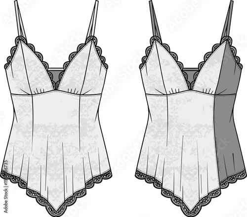 Lace camisole fashion illustration front view, lingerie design sketch with scalloped trim, straps, fitted bodice, handkerchief hemline, garment construction details
