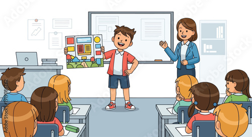 Young boy presents project to teacher and classmates in classroom lesson