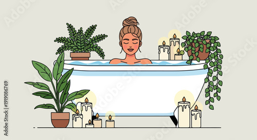 Relaxing Woman in Bathtub Surrounded by Plants and Candles, Spa Atmosphere