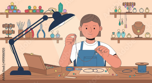Woman making handmade jewelry at her workbench, crafting creative accessories