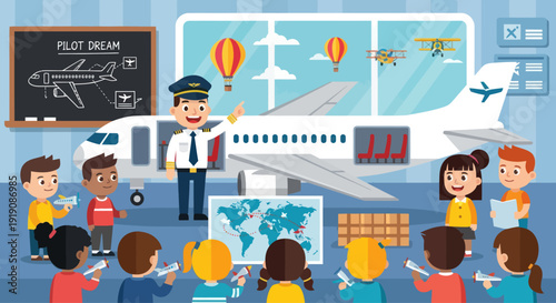 Pilot teaching kids about aviation, airplane model, hot air balloons, world map