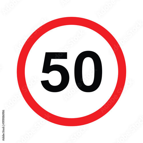 A circular traffic sign displaying the number fifty indicating a speed limit of 50 kilometers per hour isolated on transparent background