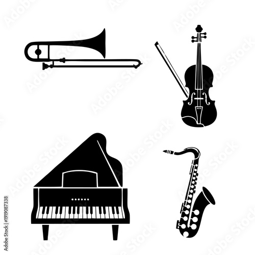 Collection of musical instruments including trumpet, violin, piano, and saxophone displayed in a graphic illustration