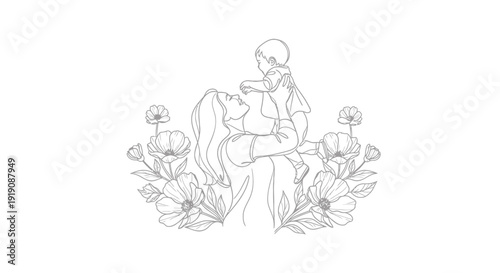 Line drawing of a woman with long hair surrounded by flowers and leaves, isolated on transparent background