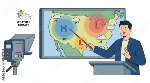 Meteorologist presenting weather update on screen with map displaying pressure systems and temperatures, broadcasting live news, flat cartoon vector illustration with pastel colors and clean lines.
