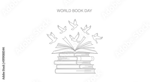 World Book Day icon with books and flying birds, literacy symbol.